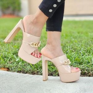 Platform Heeled Mules Nude Patent Leather Women’s Shoes